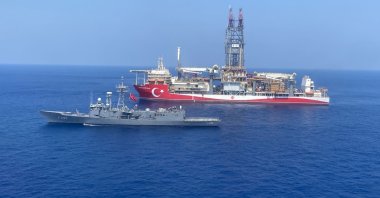 Türkiye's Abdülhamid Han, an ultra-deepwater drillship, is escorted by a Turkish navy frigate in the Eastern Mediterranean, Aug. 11, 2022. (IHA Photo)