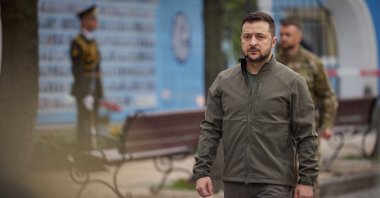 Ukraine's President Volodymyr Zelenskyy visits the Memory Wall of Fallen Defenders of Ukraine, Kyiv, Ukraine, Oct. 14, 2022. (Reuters Photo)