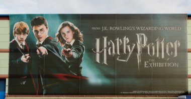 Daniel Radcliffe (C), Emma Watson (R) and Rupert Grint on the poster of the "Harry Potter," exhibition, Madrid, Spain, Nov. 22, 2017. (Shutterstock Photo)