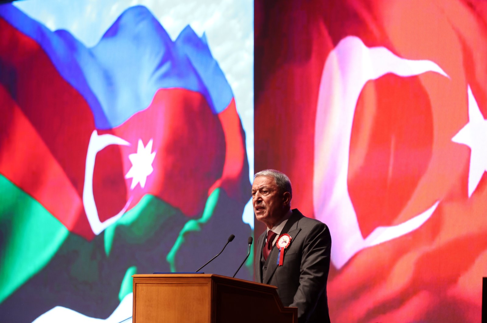 Defense Minister Hulusi Akar speaks at the reception for the second anniversary of Azerbaijan&#039;s victory in Ankara, Türkiye, Nov. 7, 2022. (AA Photo)
