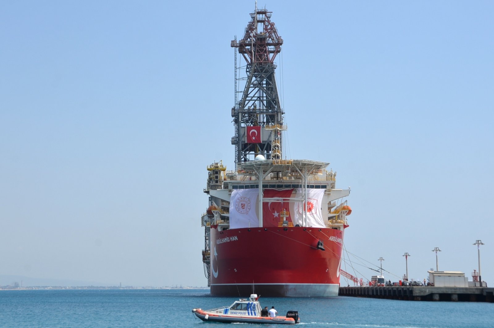 The Turkish drilling vessel Abdulhamid Han is seen at the Taşucu Port during a ceremony of its first mission in Mersin, Türkiye, Aug. 9, 2022. (EPA Photo)