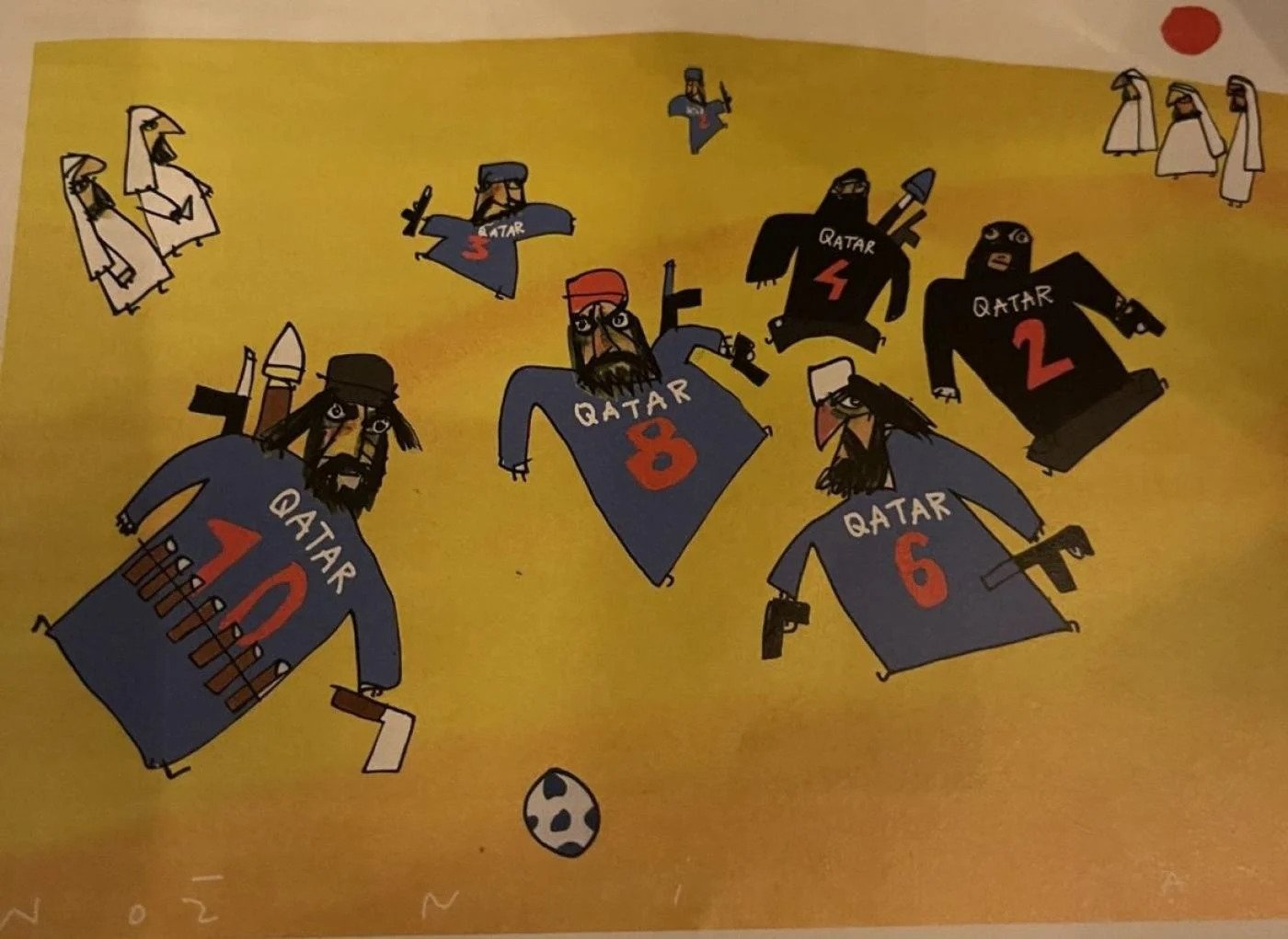 A controversial French caricature depicts Qatari players holding weapons ahead of the Qatar World Cup. (Twitter Photo)