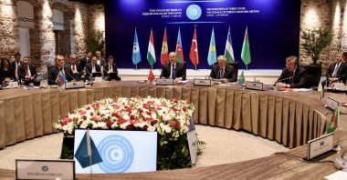 Foreign Minister Mevlüt Çavuşoğlu (L) is seen at the extraordinary meeting of the Council of Foreign Ministers of the Organization of Turkic States (OTS) in Istanbul, Türkiye, Oct.17, 2022