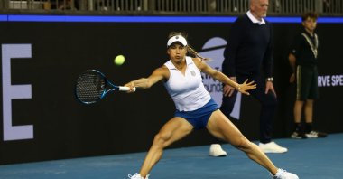 Kazakhstan's Yulia Putintseva in action against Great Britain's Katie Boulter during the match between Great Britain and Kazakhstan at the Billie Jean King Cup Finals, Glasgow, Britain, Nov. 8, 2022. (EPA Photo)