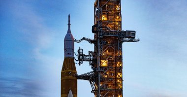 The Artemis I unmanned lunar rocket is rolled back to the Vehicle Assembly Building at Kennedy Space Center in Florida, U.S., Sept. 27, 2022. (AFP Photo)