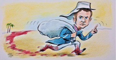 Illustration shows French President Emmanuel Macron accusing Türkiye, China and Russia of colonialism while ignoring France's colonial history. (Illustration by Erhan Yalvaç)