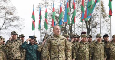 Azerbaijan’s President Ilham Aliyev is seen during the anniversary of Karabakh&#039;s liberation in Shusha, Azerbaijan, Nov. 8, 2022. (AA Photo)