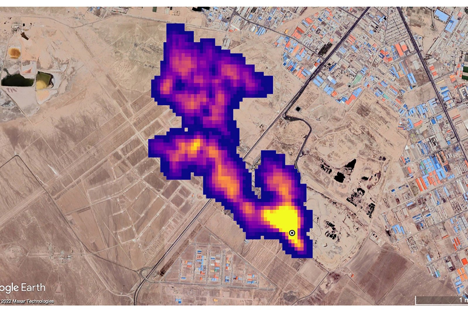 This handout satellite image courtesy of NASA/JPL-Caltech shows a methane plume at least 3 miles (4.8 kilometers) long billows into the atmosphere detected by NASA&#039;s Earth Surface Mineral Dust Source Investigation mission, coming from a major landfill, where methane is a byproduct of decomposition, south of Tehran, Iran. (Photo by NASA/JPL-Caltech / AFP)
