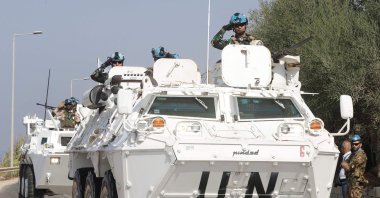 United Nations peacekeeping force in Lebanon (UNIFIL) vehicles drive along the main road leading to Lebanon's southern town of Naqura close to the border with Israel on Oct. 27, 2022. (AFP Photo)