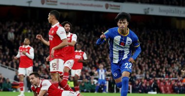 Brighton & Hove Albion's Kaoru Mitoma celebrates scoring their second goal as Arsenal's Cedric Soares looks on, Emirates Stadium, London, U.K., Nov. 9, 2022. (Reuters Photo)