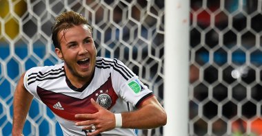 Germany&#039;s forward Mario Gotze celebrates after scoring the winning 1-0 goal during the second half of extra-time during the 2014 FIFA World Cup final football match between Germany and Argentina at the Maracana Stadium, Rio de Janeiro, Brazil, July 13, 2014. (AFP Photo)