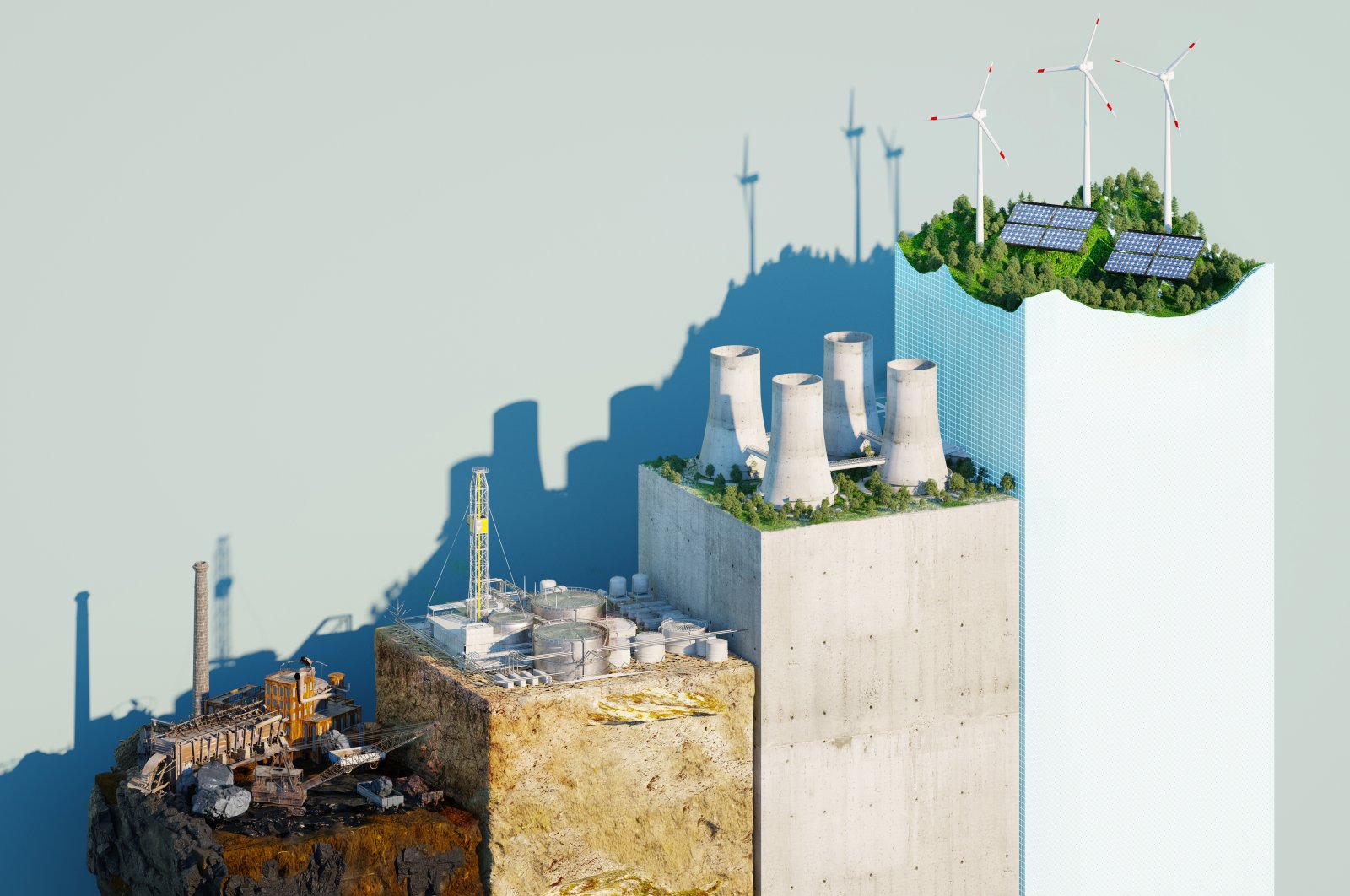 Digital generated image of sustainable growing bar chart made out of cubes and multiple environments showing transforming process from coal industry to green energy. (Getty Images Illustration)