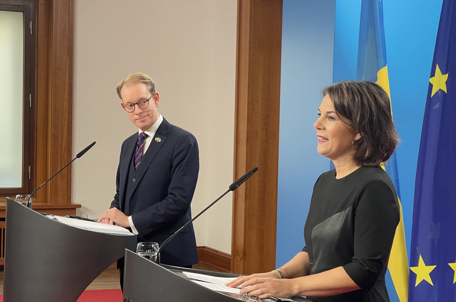 Swedish Foreign Minister Tobias Billstrom (L) during a joint news conference with his German counterpart Annalena Baerbock in Berlin, Germany, Nov. 10, 2022. (AA Photo)
