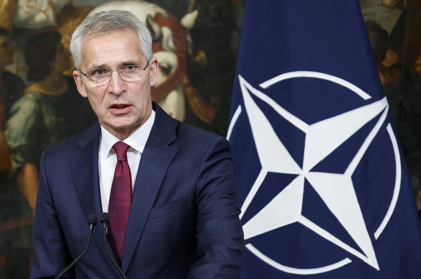 NATO Secretary-General Jens Stoltenberg during a joint press conference with Italian Prime Minister Meloni following their meeting at Chigi Palace in Rome, Italy, Nov. 10, 2022.  (EPA Photo)