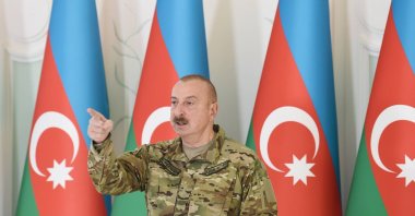 Azerbaijan's President Ilham Aliyev speaks during a ceremony in Shusha, Karabakh, Azerbaijan, Nov. 8, 2022. (AA Photo)