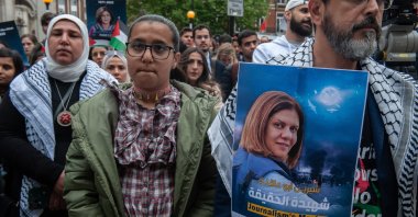 Protestors attend a vigil for slain Palestinian journalist Shireen Abu Akleh, at BBC Broadcasting House, London, Britain, May 12, 2022. (Getty Images Photo)