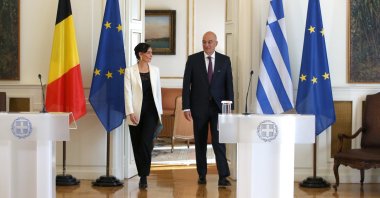 Belgian Foreign Minister Hadja Lahbib (L) and Greek Foreign Minister Nikos Dendias hold a joint press conference in Athens, Greece, Nov. 11, 2022. (AA Photo)