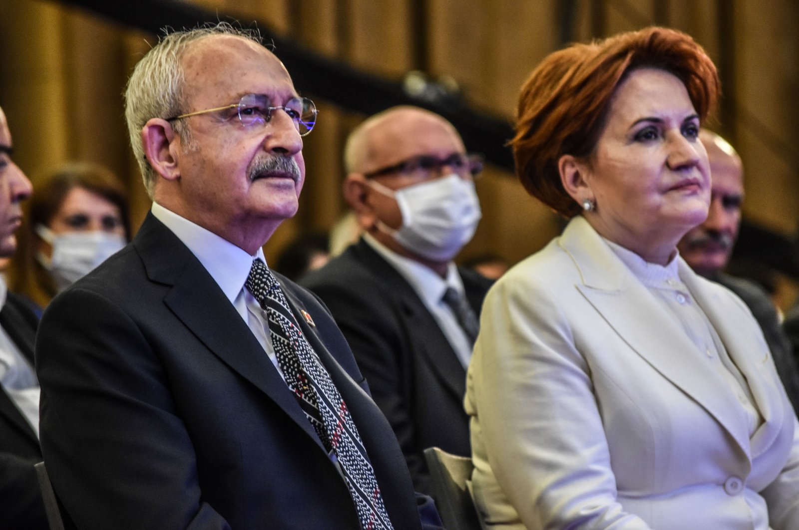 The main opposition Republican People&#039;s Party (CHP) Chairperson Kemal Kılıçdaroğlu (L) and the Good Party (IP) Chairperson Meral Akşener attend a presentation, in Ankara, Türkiye, June 23, 2021. (Getty Images Photo)