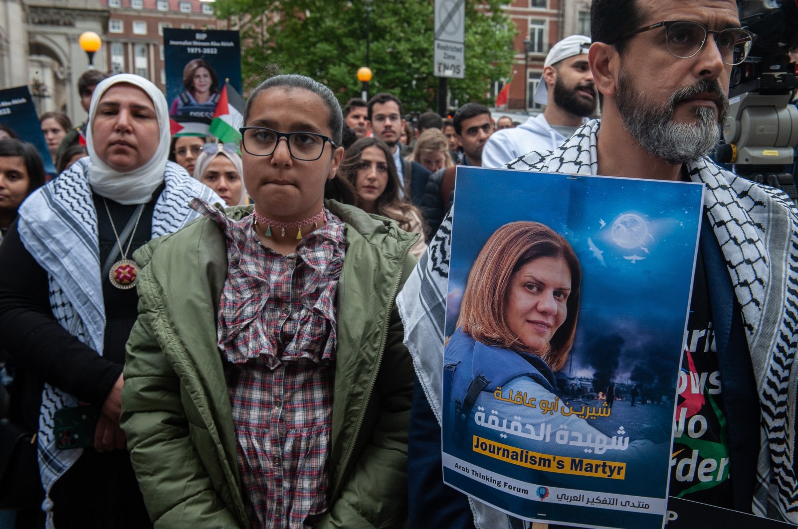 Protestors attend a vigil for slain Palestinian journalist Shireen Abu Akleh, at BBC Broadcasting House, London, Britain, May 12, 2022. (Getty Images Photo)