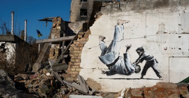 A new graffiti in Banksy's signature style, in Borodyanka, Ukraine, Nov. 12, 2022. (Reuters Photo)