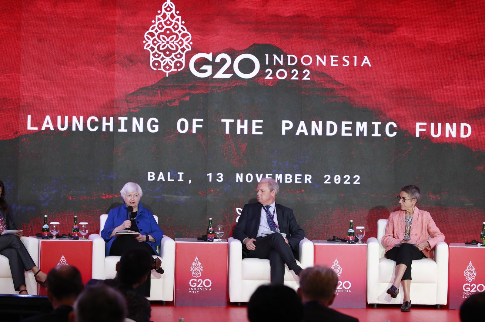 U.S. Treasury Secretary Janet Yellen (L), World Bank Managing Director of Operations Axel van Trotsenburg (C) and European Commission Deputy Director General Elena Flores at the launch of a pandemic fund on the sidelines of the G-20 Leaders&#039; Summit in Bali, Indonesia, Nov. 13, 2022. (EPA Photo)