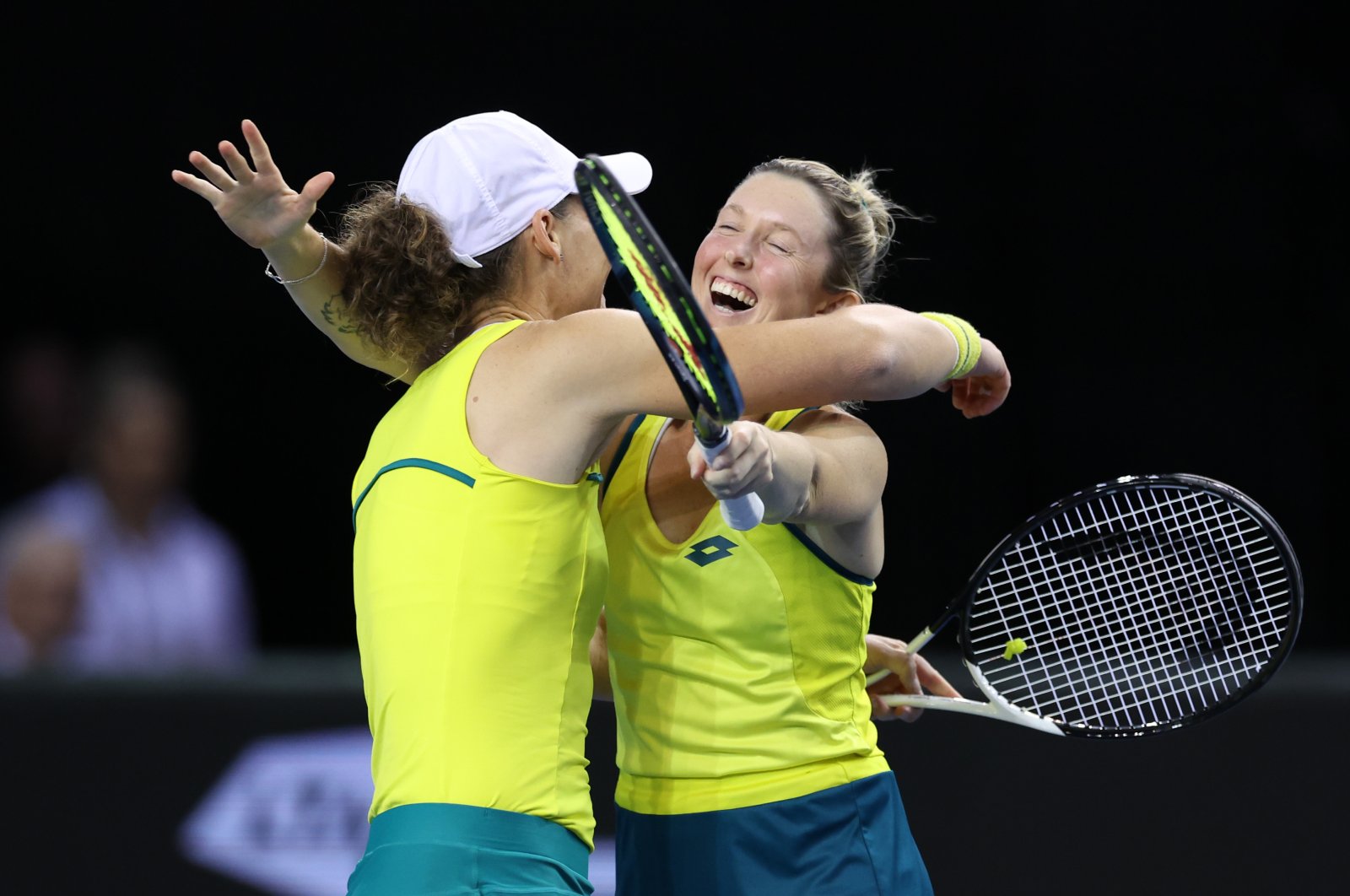 Storm Sanders and Samantha Stosur of Team Australia celebrate winning the semifinal match between Team Australia and Team Great Britain at Emirates Arena, Glasgow, Scotland, Nov. 12, 2022. (Getty Images Photo)