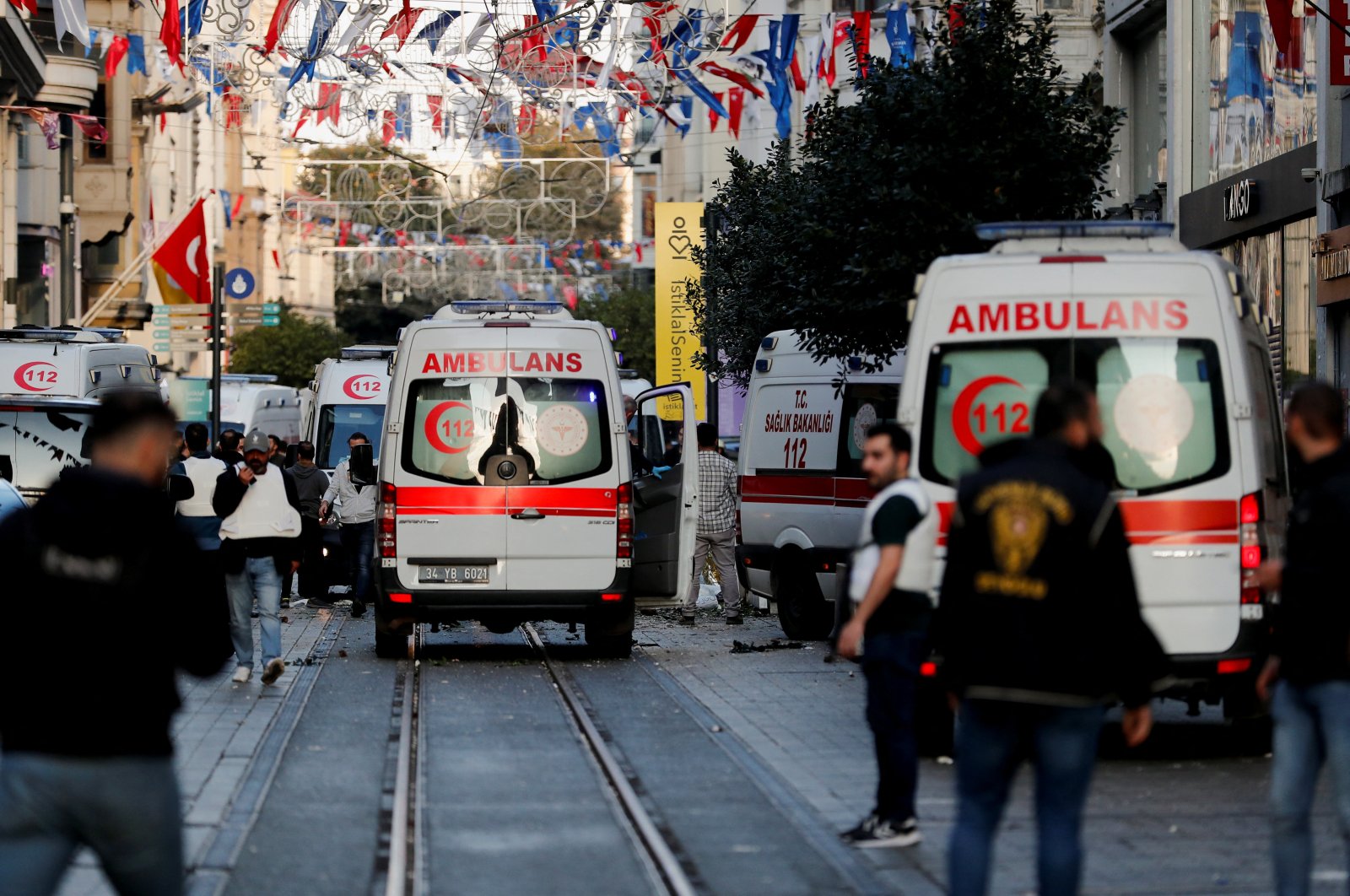 A view of ambulances at the scene after an explosion on busy pedestrian Istiklal Street in Istanbul, Türkiye, Nov. 13, 2022. (Reuters Photo)