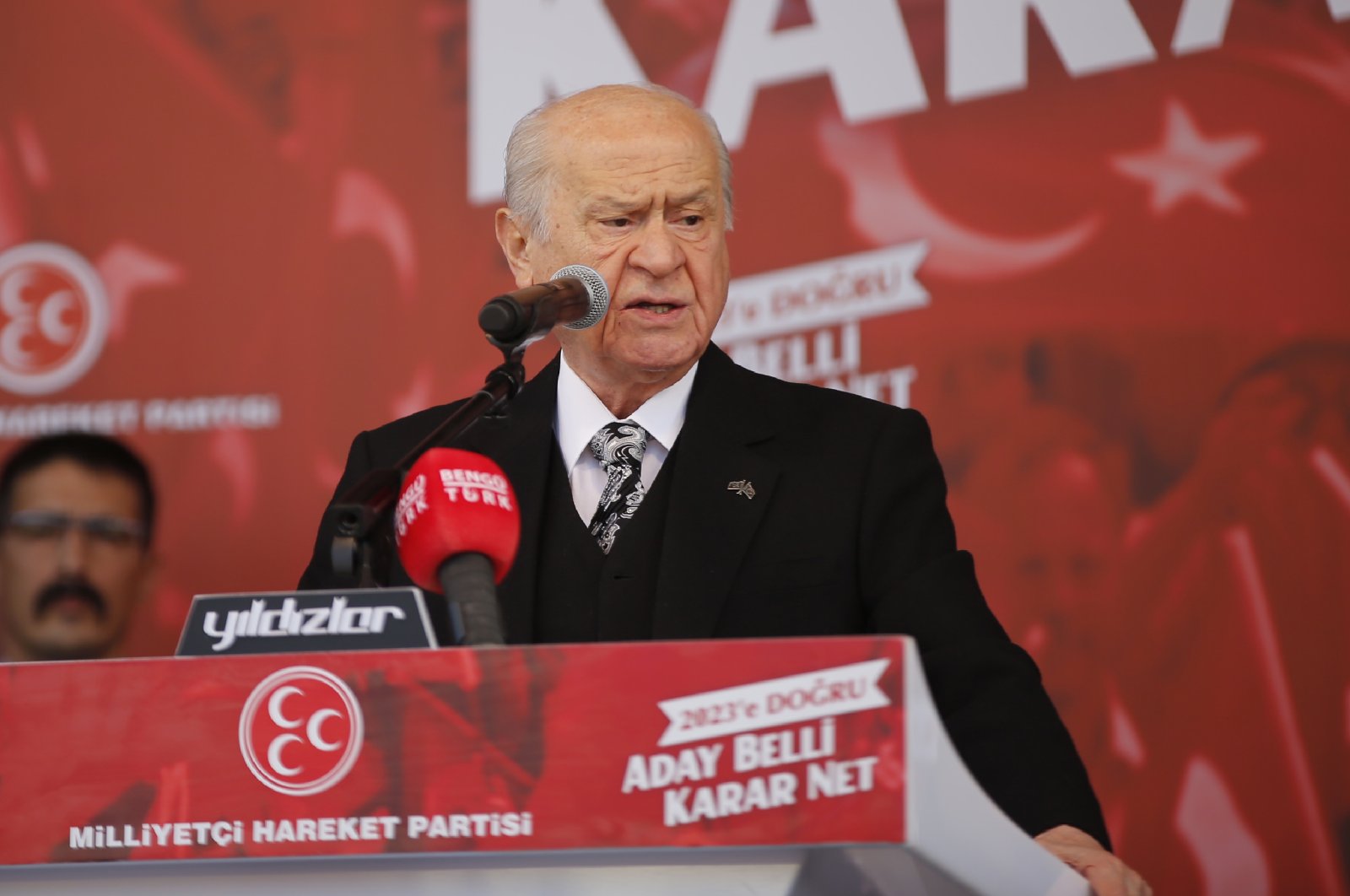 Türkiye&#039;s Nationalist Movement Party (MHP) chairperson Devlet Bahçeli speaks at a rally in the eastern province of Elazığ on Sunday, Nov. 13, 2022 (AA Photo)