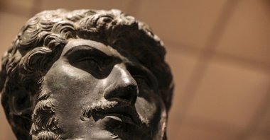The head of a bronze statue of Roman Emperor Lucius Verus is on display in Antalya, Türkiye, Nov. 13, 2022. (DHA Photo)