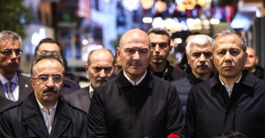 Interior Minister Süleyman Soylu speaks to reporters at the scene of the attack, in Istanbul, Türkiye, Nov. 14, 2022. (AA Photo)