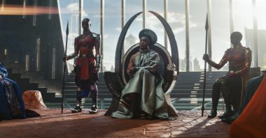 This undated image released by Marvel Studios shows, from left, Dorothy Steel as Merchant Tribe Elder, Florence Kasumba as Ayo, Angela Bassett as Ramonda and Danai Gurira as Okoye in a scene from &quot;Black Panther: Wakanda Forever.&quot; (AP Photo)