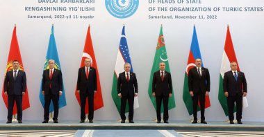 Heads of state stand during the 9th Summit of the Organization of Turkic States (OTS) in Samarkand, Uzbekistan, Nov. 11, 2022. (AFP Photo)