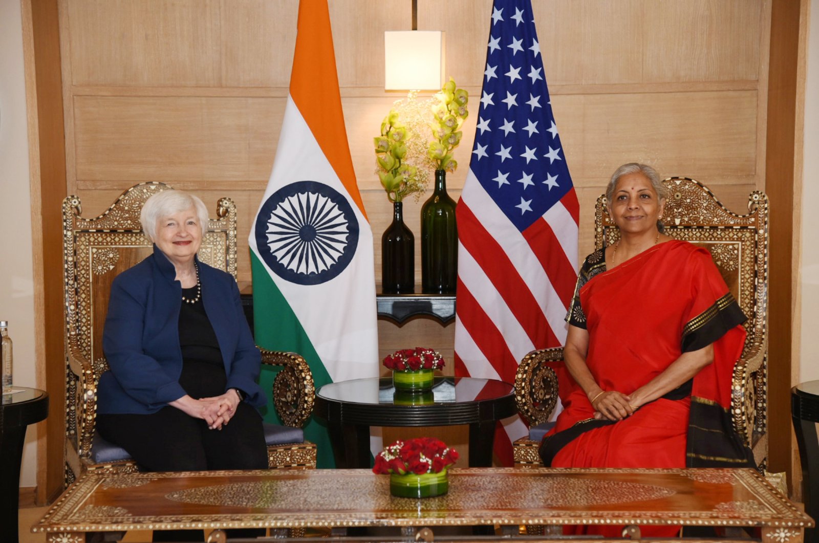 U.S. Treasury Secretary Janet Yellen (L) meets with Indian Finance Minister Nirmala Sitharaman (R) as part of her visit to New Delhi, India, Nov. 12, 2022. (AA Photo)