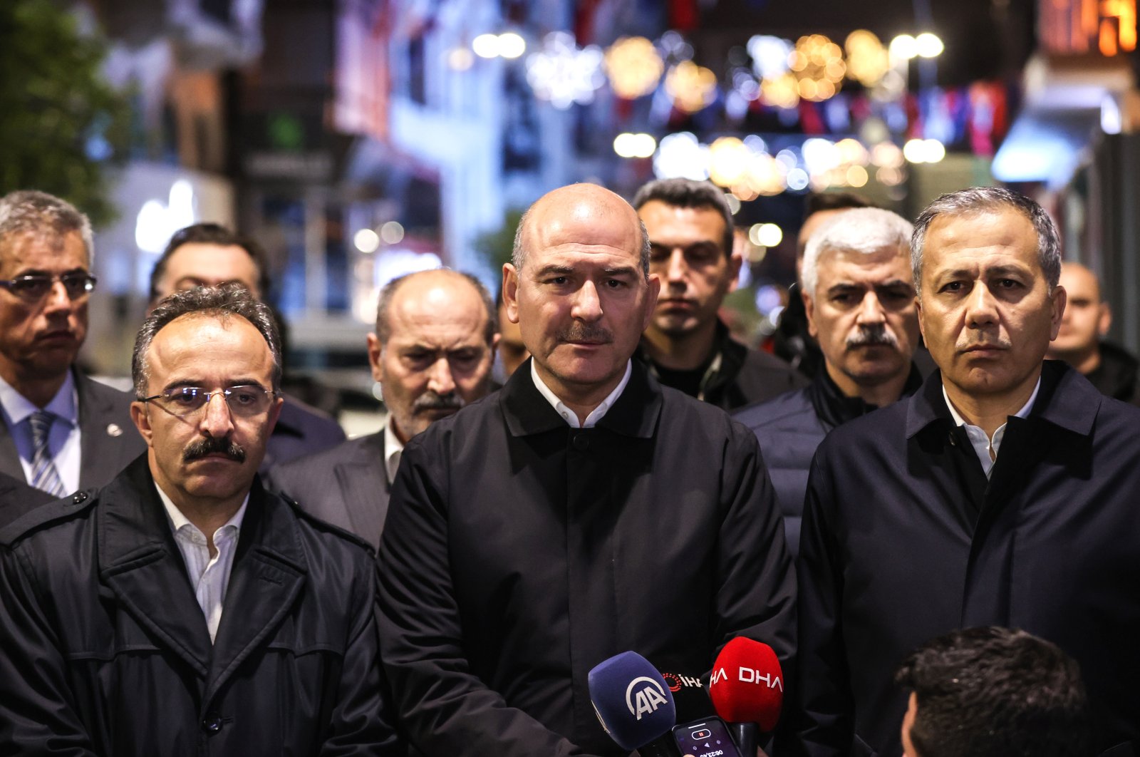 Interior Minister Süleyman Soylu speaks to reporters at the scene of the attack, in Istanbul, Türkiye, Nov. 14, 2022. (AA Photo)
