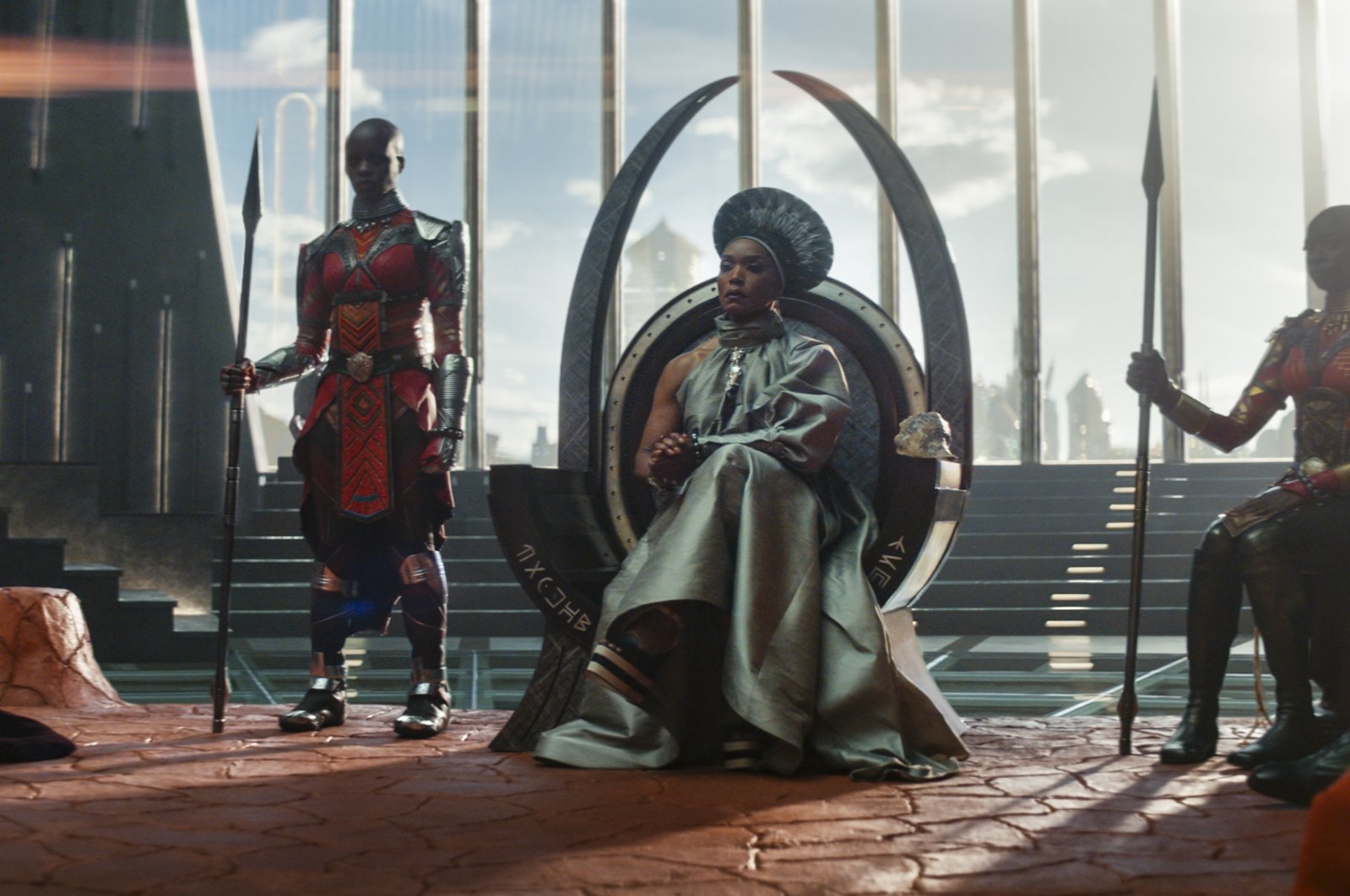 This undated image released by Marvel Studios shows, from left, Dorothy Steel as Merchant Tribe Elder, Florence Kasumba as Ayo, Angela Bassett as Ramonda and Danai Gurira as Okoye in a scene from &quot;Black Panther: Wakanda Forever.&quot; (AP Photo)