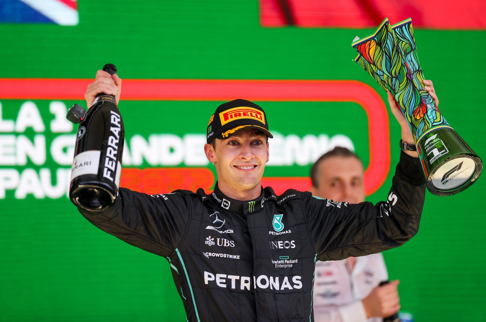 George Russell of Mercedes and Great Britain celebrates winning his first Grand Prix during the F1 Grand Prix of Brazil at Autodromo Jose Carlos Pace, Sao Paulo, Brazil, Nov. 13, 2022. (Getty Images Photo)