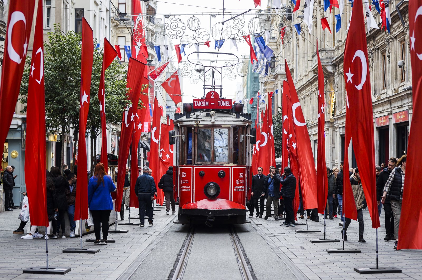 View of Istiklal Avenue adorned with Turkish flags after the attack, in Istanbul, Türkiye, Nov. 14, 2022. (AA Photo) 