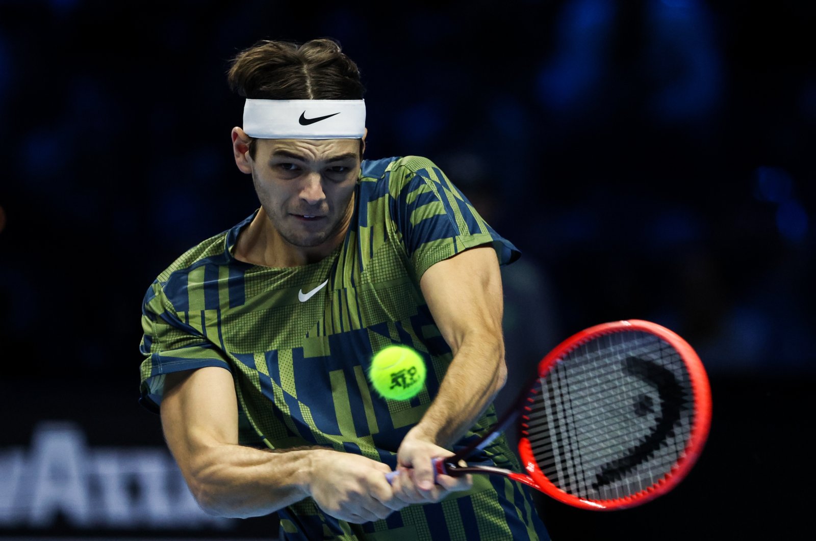 Taylor Fritz of the U.S. in action during his group stage match against Spain&#039;s Rafael Nadal at the Pala Alpitour Turin, Italy, Nov. 13, 2022. (Reuters Photo)