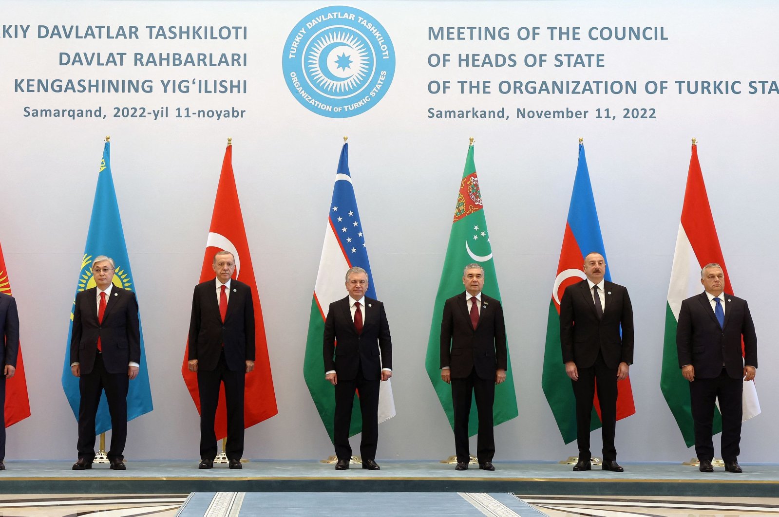Heads of state stand during the 9th Summit of the Organization of Turkic States (OTS) in Samarkand, Uzbekistan, Nov. 11, 2022. (AFP Photo)
