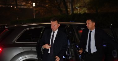 Polish Defense Minister Mariusz Blaszczak (L) arrives at the National Security Bureau headquarters in Warsaw, Poland, Nov. 15, 2022. (EPA Photo)