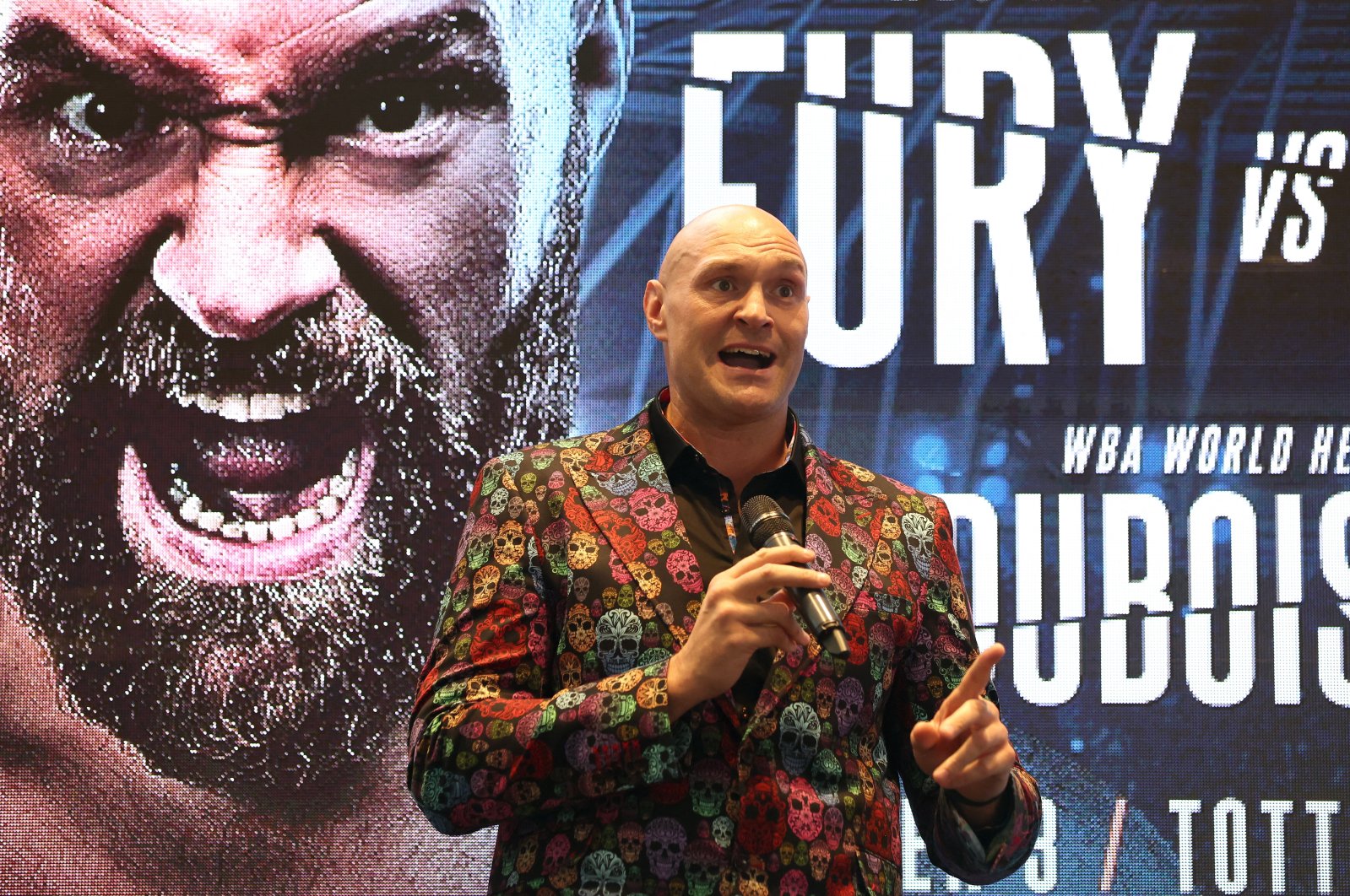 Tyson Fury speaks during the press conference at the Tottenham Hotspur Stadium, London, Britain, Oct. 20, 2022. (Reuters Photo)
