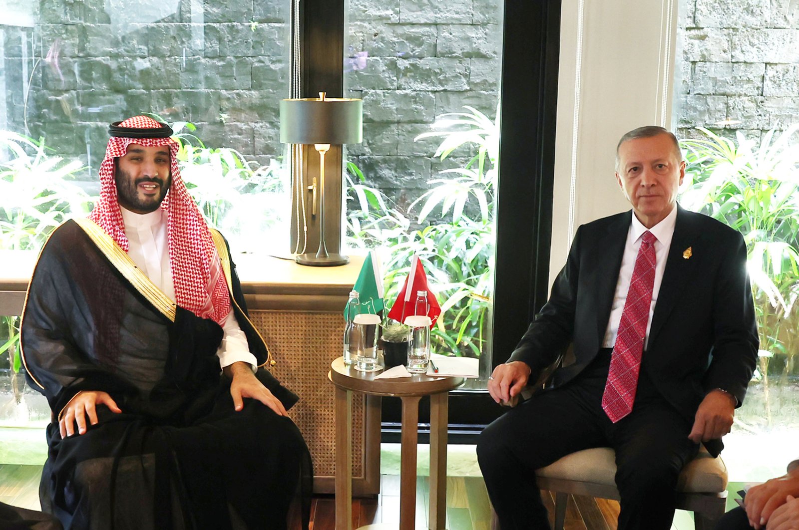 President Recep Tayyip Erdoğan (R) and Saudi Arabia&#039;s Crown Prince Mohammad bin Salman meet on the sidelines of the G-20 summit in Bali, Indonesia, Nov. 15, 2022. (DHA Photo)