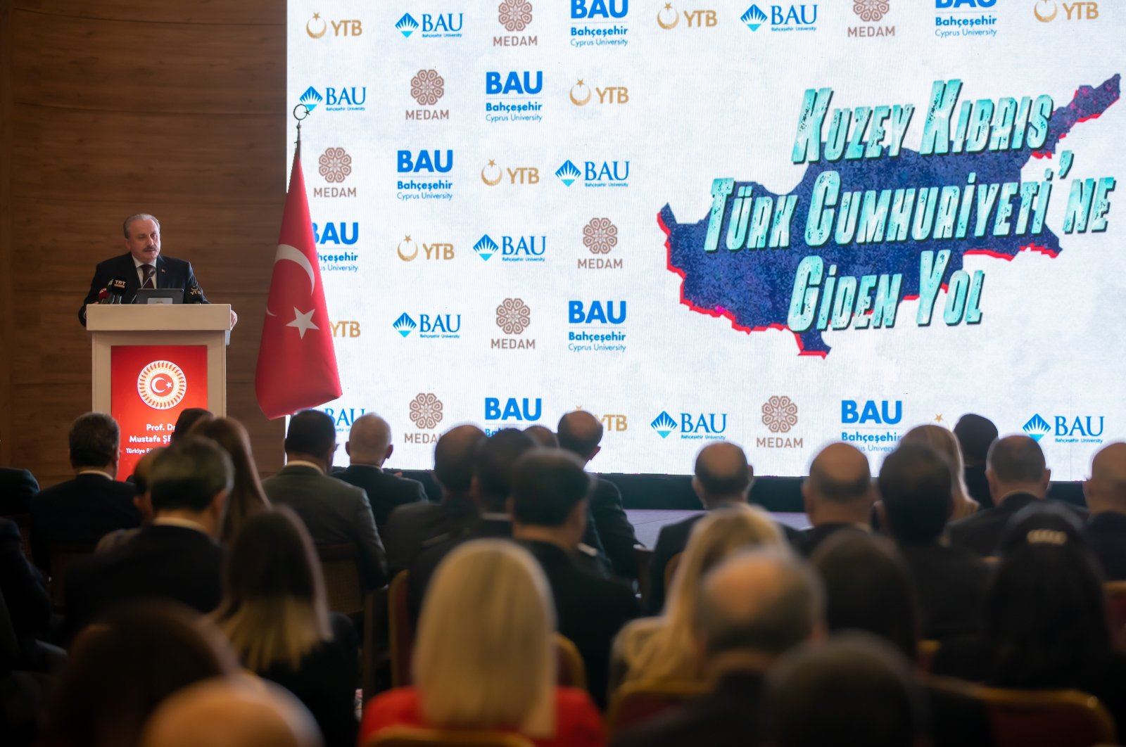 Parliamentary Speaker Mustafa Şentop speaks at a premiere in the Turkish Republic of Northern Cyprus (TRNC) on the 39th anniversary of its foundation, Nov. 14, 2022. (AA Photo)