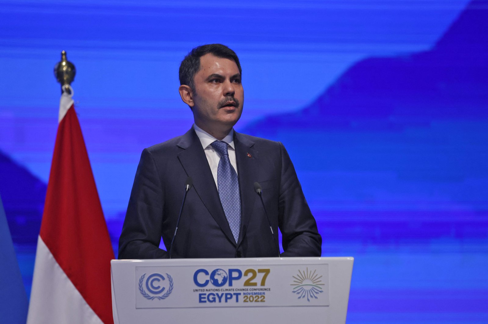 Minister of Environment, Urban Planning and Climate Change Murat Kurum delivers a speech at a COP27 conference, in Sharm el-Sheikh, Egypt, Nov. 15, 2022. (AFP Photo) 