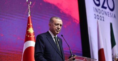 President Recep Tayyip Erdoğan speaks at the press conference after the G-20 Summit in Bali, Indonesia, Nov.16, 2022. (AA Photo)