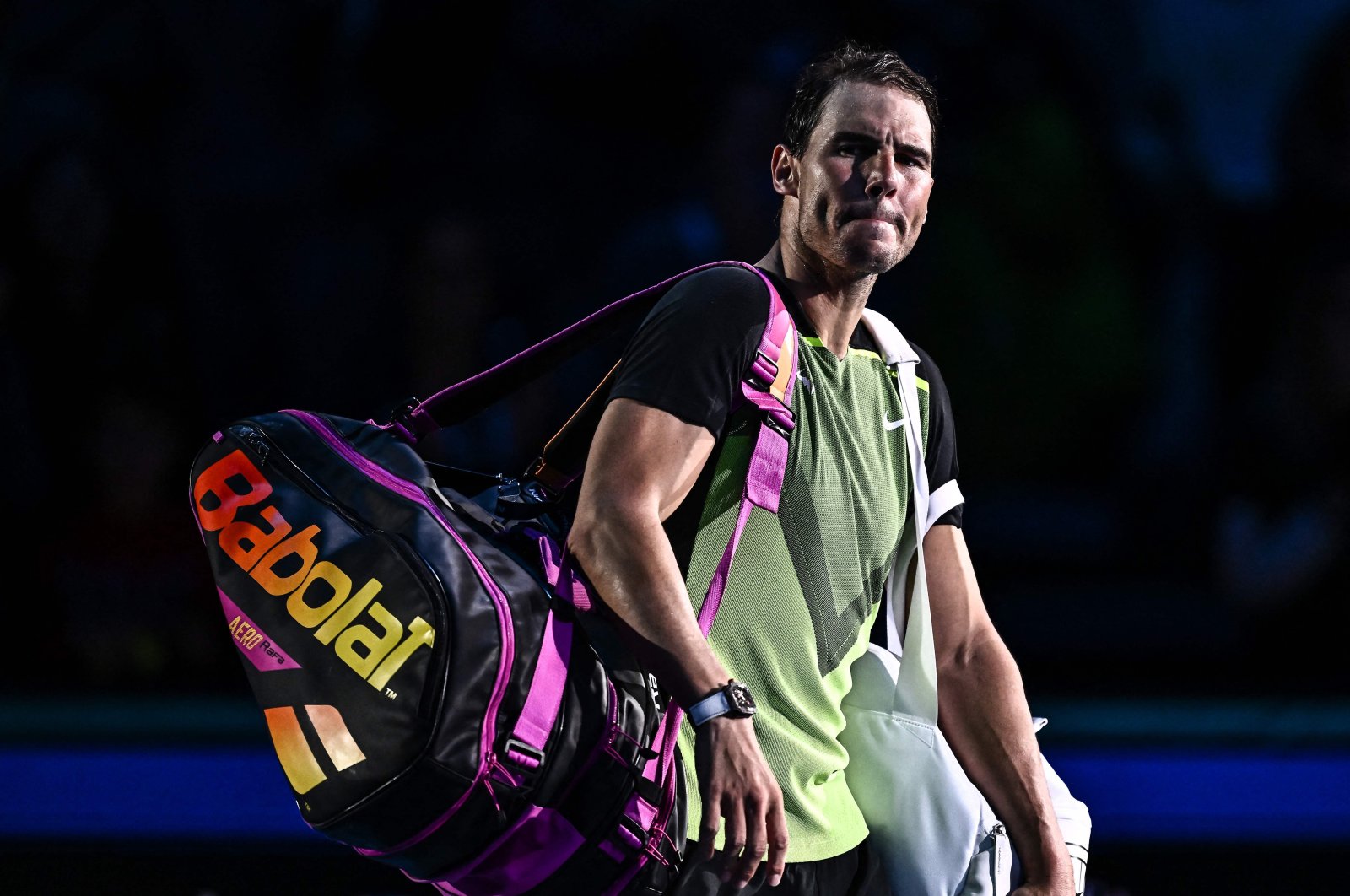 Spain&#039;s Rafael Nadal leaves after losing his round-robin match against Canada&#039;s Felix Auger-Aliassime at the ATP Finals tennis tournament, Turin, Italy, Nov.15, 2022. (AFP Photo)