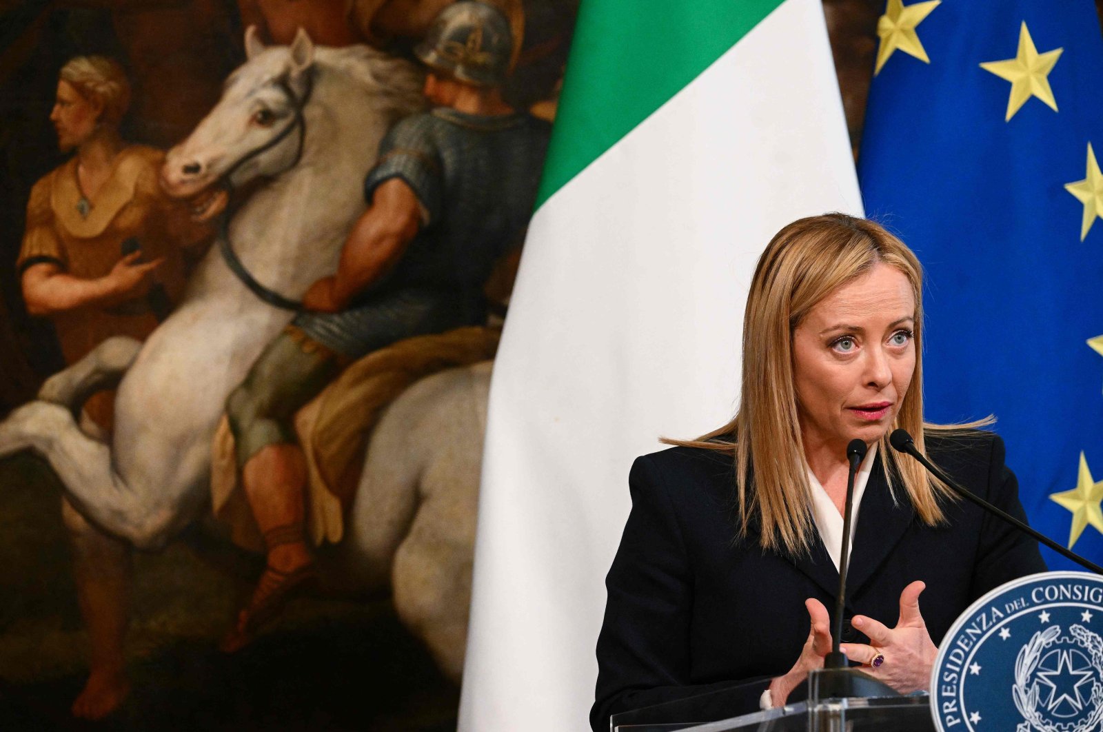 Italy&#039;s Prime Minister Giorgia Meloni speaks during a joint press conference with NATO&#039;s secretary general following their meeting, at Palazzo Chigi in Rome, Italy, Nov. 10, 2022. (AFP Photo)