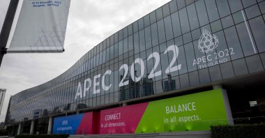 Signage for the Asia-Pacific Economic Cooperation (APEC) summit displayed at the Queen Sirikit National Convention Center in Bangkok, Thailand, Nov., 14, 2022. (AFP Photo)