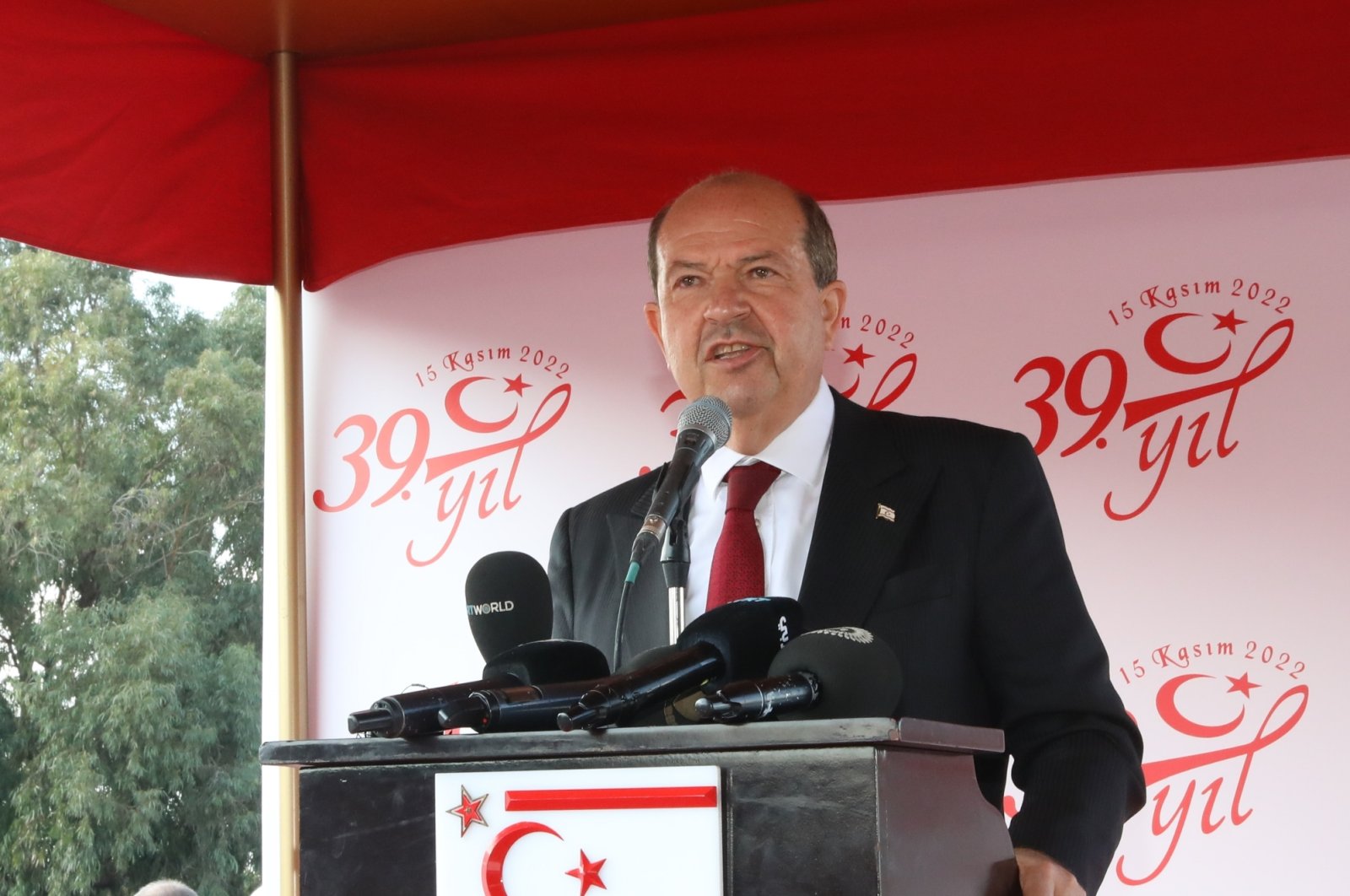 Turkish Republic of Northern Cyprus (TRNC) President Ersin Tatar speaks at a ceremony marking the 39th anniversary of the TRNC&#039;s foundation in Lefkoşa (Nicosia), Turkish Cyprus, Nov. 15, 2022. (AA Photo)