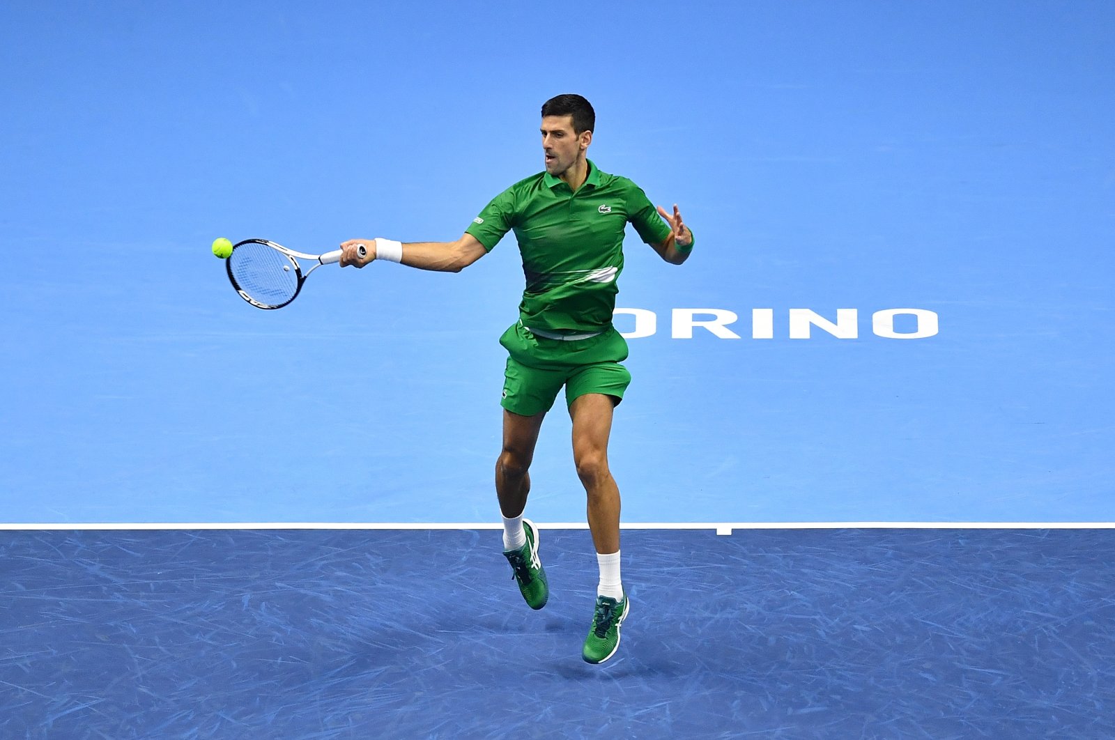 Novak Djokovic of Serbia plays a forehand shot during the round-robin match between Andrey Rublev of Russia during day four of the Nitto ATP Finals at Pala Alpitour, Turin, Italy, Nov. 16, 2022. (Getty Images Photo)